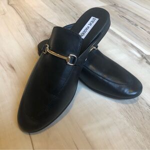 Steve Madden Kandi Black Leather Slip-On Mules with Gold Hardware